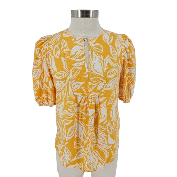 Panama Jack Shirt Linen Yellow Tropical Puff Short Sleeve Keyhole Neck Top Small - Picture 1 of 7